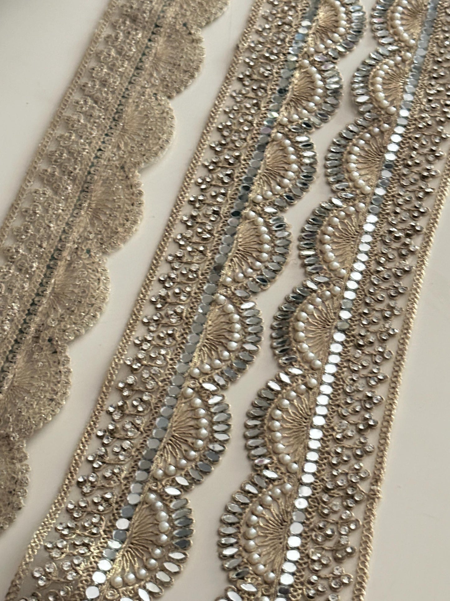 Scallop Mirror Pearl Lace Trim Gold Embroidered Bridal Border for Veils Sarees, Wedding Costumes & Decor Handmade Indian Ribbon 3 Inch