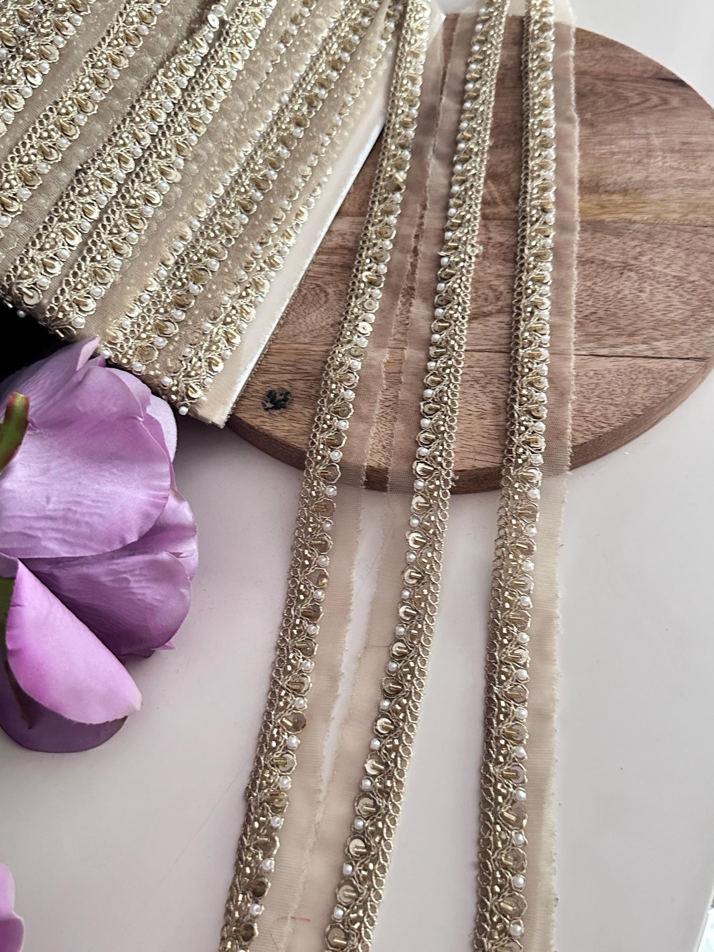 Luxury Hand Embroidered Pearl Sequin Trim Gold Zardozi Lace Border for Saree Dupatta Bridal Veil Lehenga & Wedding Dress Indian Craft Ribbon