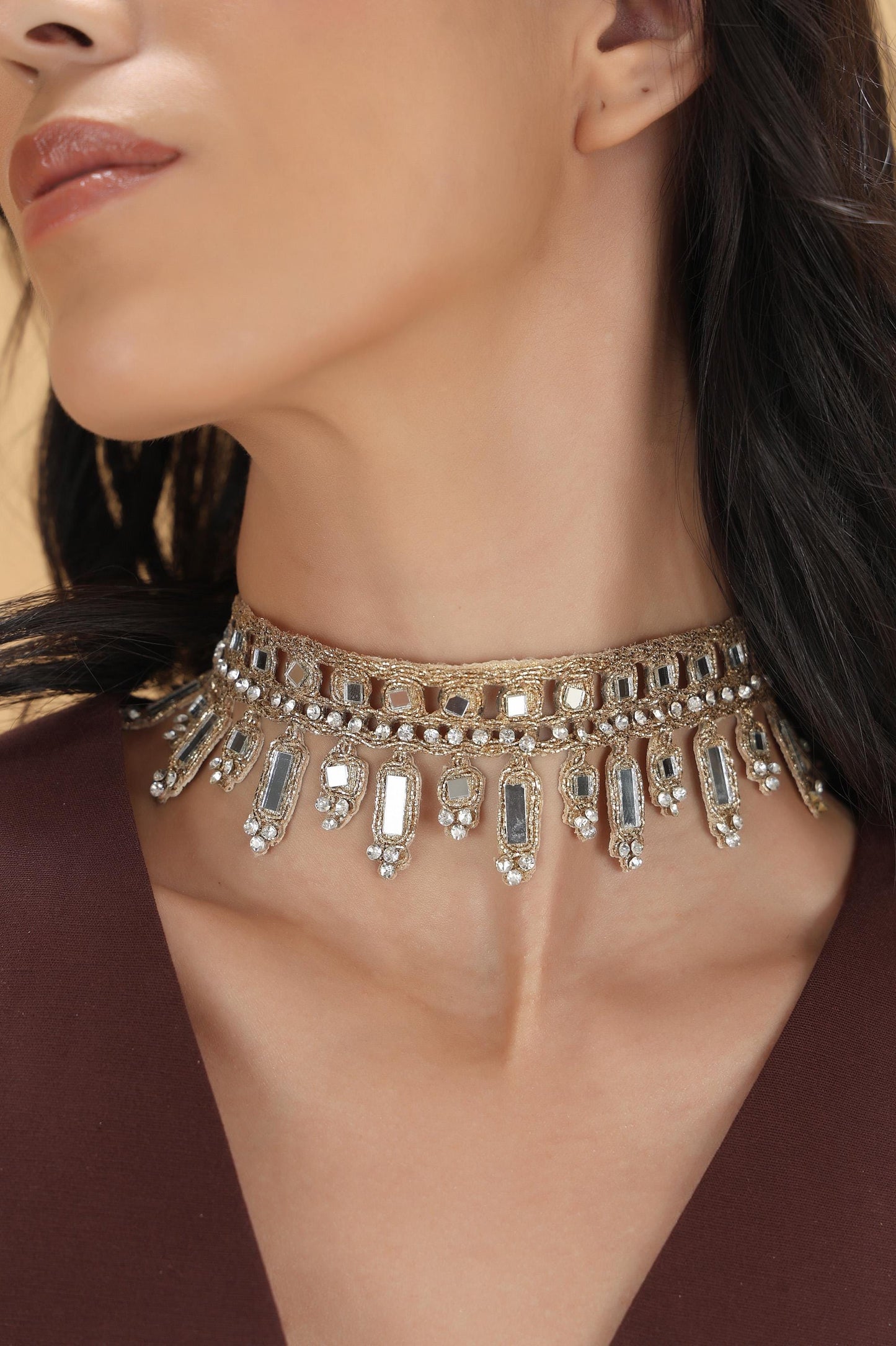 Mirror Crystal Choker Necklace – Handmade Gothic Lace Statement Jewelry – Gold & Rose Gold Metallic Thread – Adjustable Gift for Her