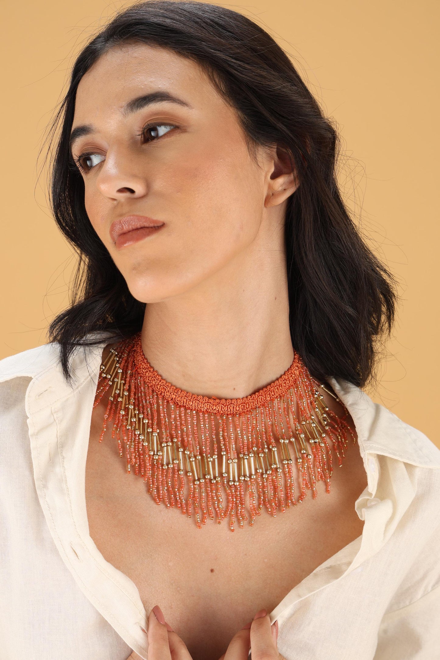 Orange Crystal Tassel Choker – Handmade Boho Statement Necklace – Jhalar Lace Jewelry for Festival & Evening Wear