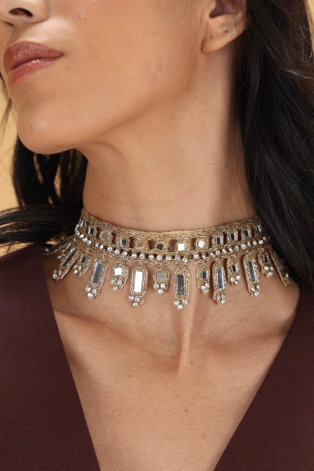 Handmade Mirror Choker with Silver Rhinestones Gold Statement Necklace with Crystal Drops Boho Festival & Evening Wear Jewelry