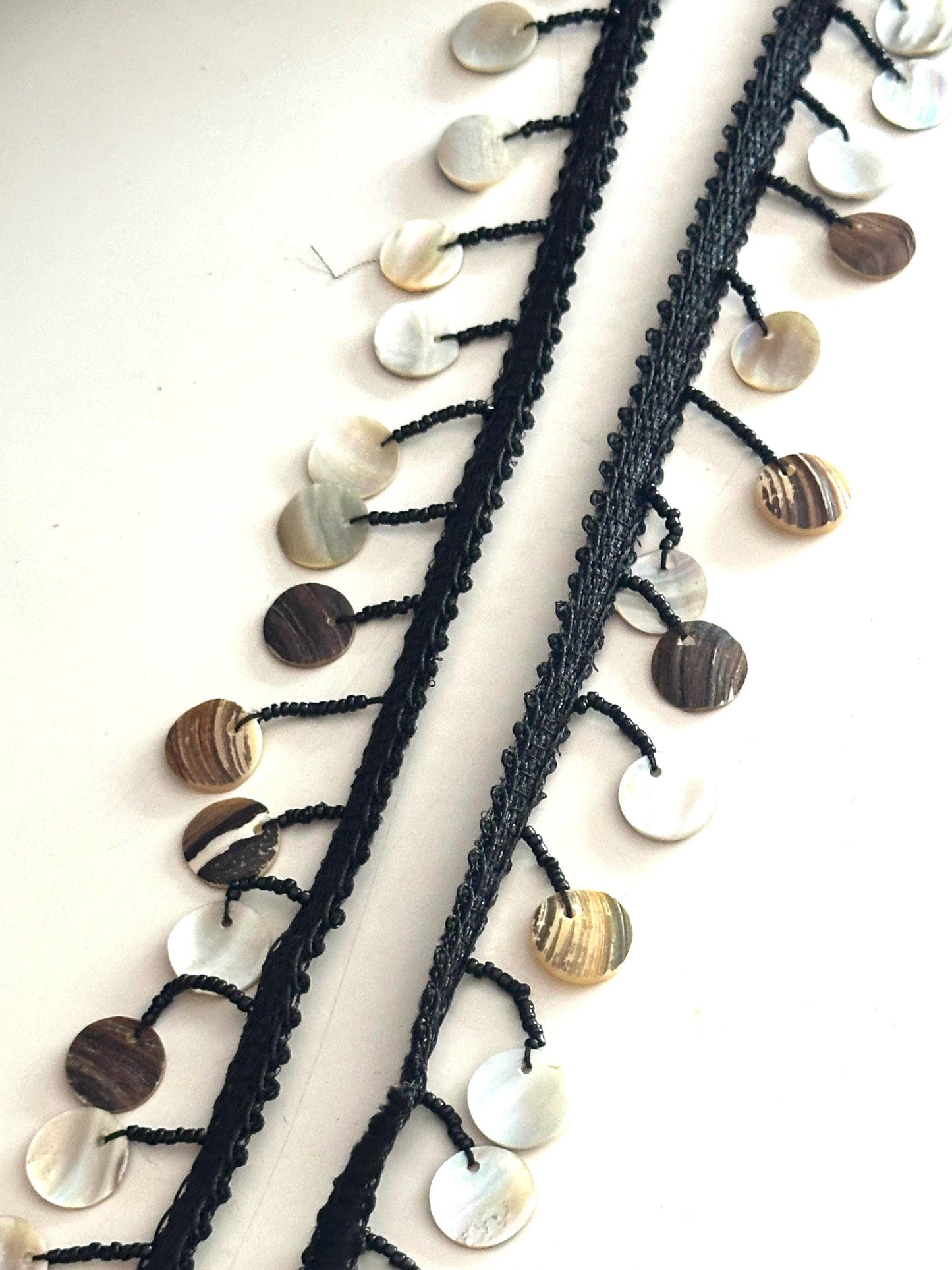 Handmade Macrame Lace with Shell Sequins Boho Resortwear Jewelry Trim for Kaftans Dresses, Beach Cover-Ups & DIY Fashion