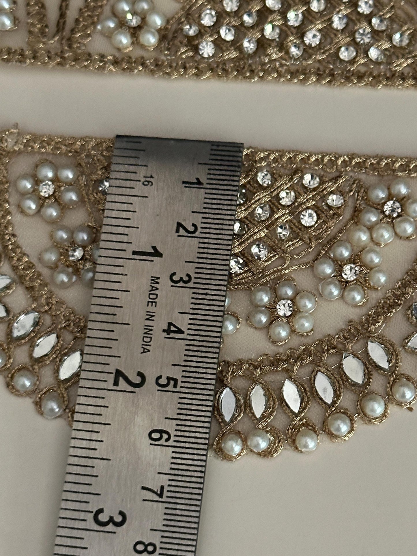 Scalloped Pearl Mirror Lace Trim Wide Gold Embroidered Border for Veils Saree DIY Bridal Decor Designer Indian Craft Ribbon Broad lace