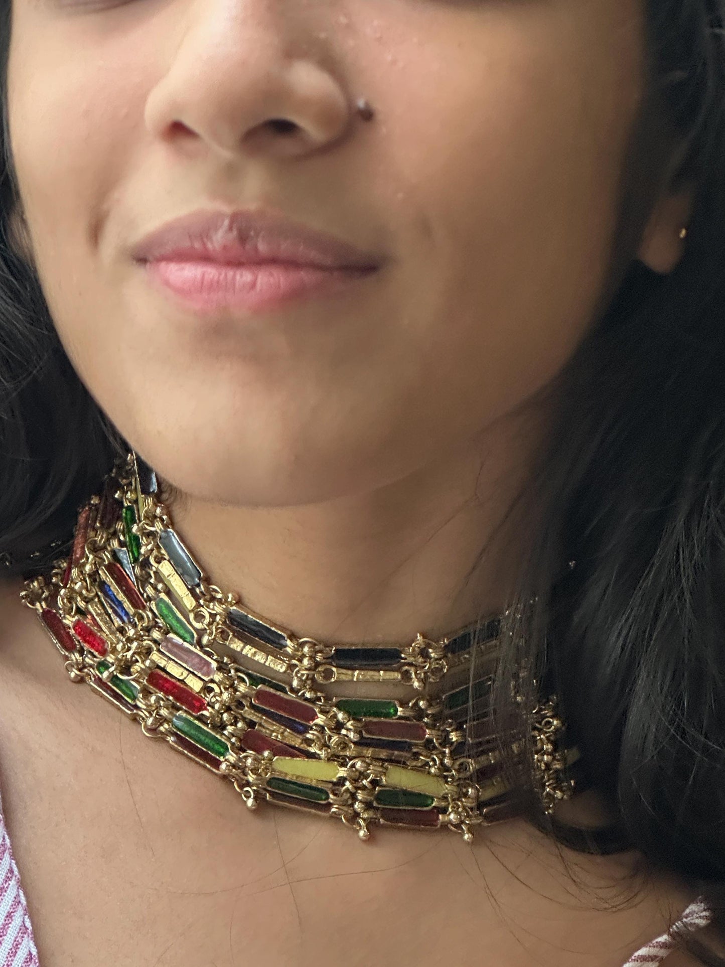 Handmade Multi-Color Enamel Choker Necklace Gold-Plated Festive Statement Jewelry Unique Artisan Gift for Her Indian Ethnic Wedding Jewelry