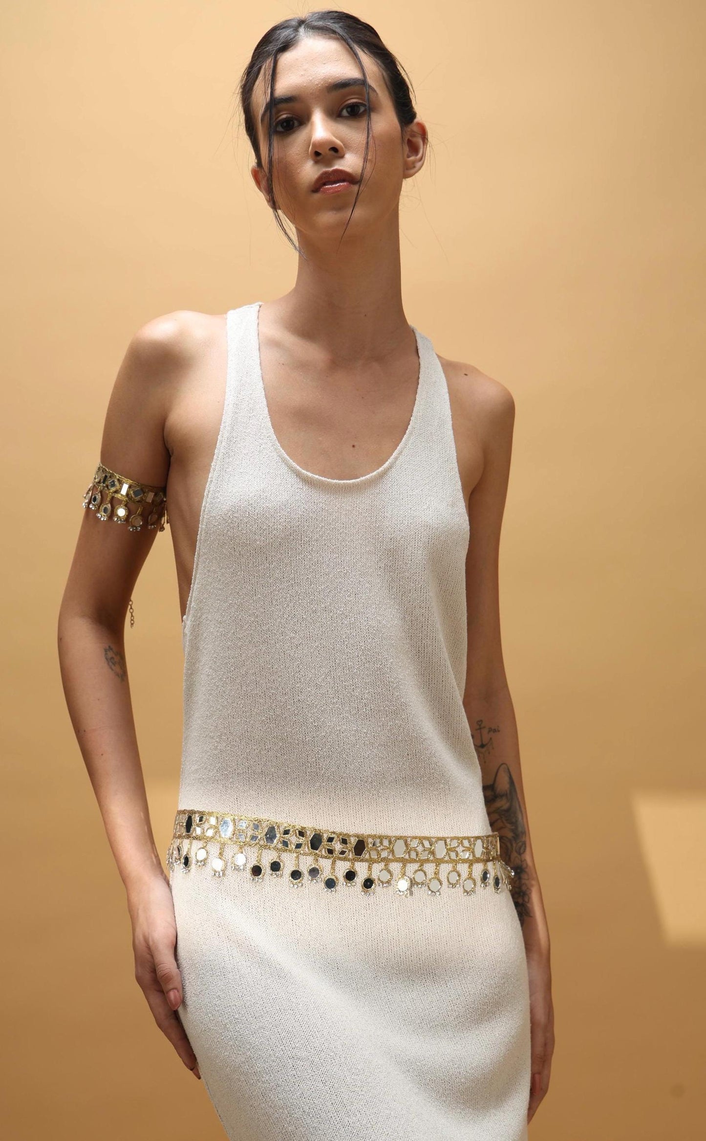 Boho Mirror Crystal Choker Belt Armlet Set for Saree Dress Jumpsuit - Bridal Gold Waist Jewelry Fun Party Accessory Unique Gift For Her