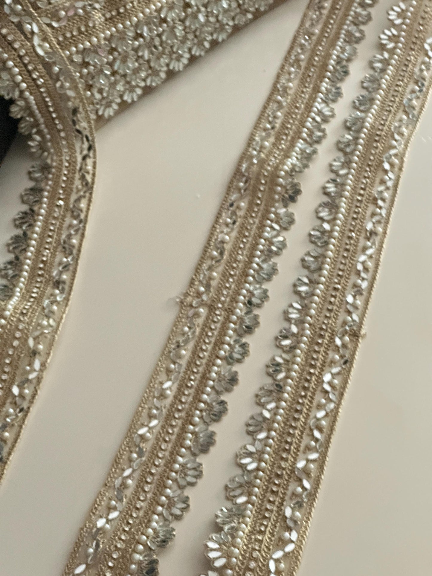 Floral Mirror Pearl Lace Trim Zircon Rhinestone Thin Embroidered Gold Border for Jewelry Costume Veils & Blouses 1 Inch Craft Ribbon India