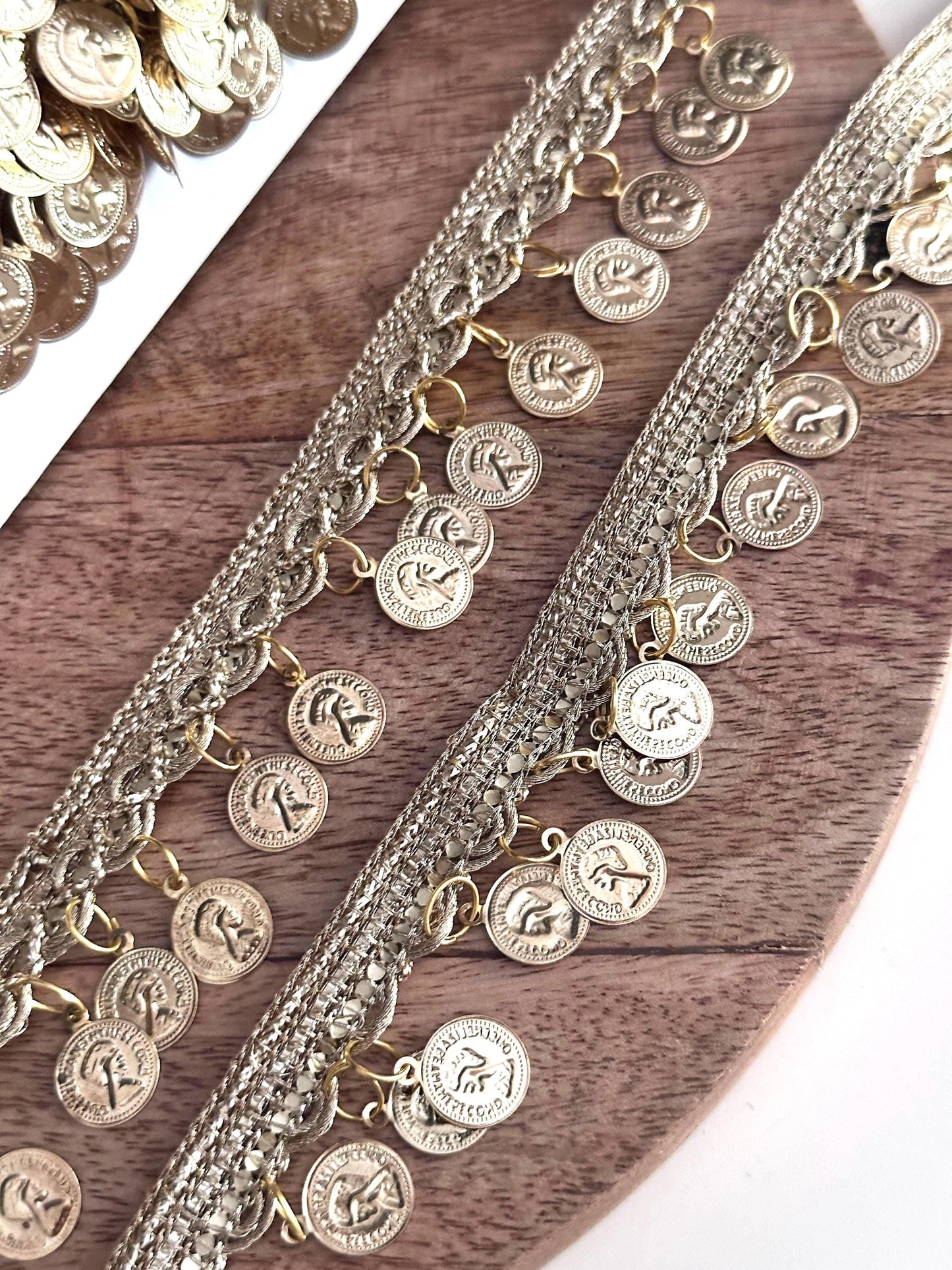 Gold Metal Coin Trim Lace for Belly Dance Boho Waist Belt Festival Skirt Potli Bag Choker Headband DIY Crafting Tribal Jewelry Costume Decor