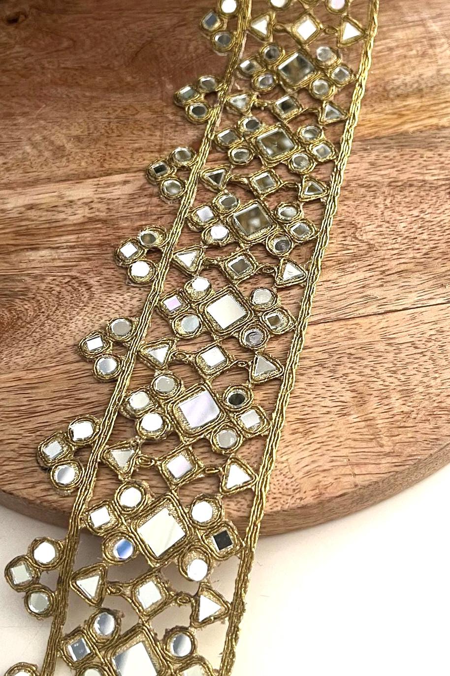 Mirror Work Border Trim Gold Glass Mirror Lace for Belt Saree Lehenga Embroidered Indian Mirror Border for DIY Clothing Jewelry Costumes