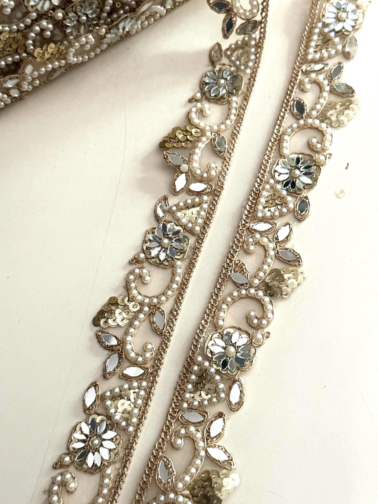Gold Mirror Lace Trim with Pearls Floral Sequin Hand Embroidered Border for Saree Lehenga Dupatta Wedding Veil DIY Jewelry & Decor