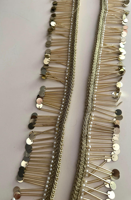 Sequin Pearl Fringe Trim Gold
