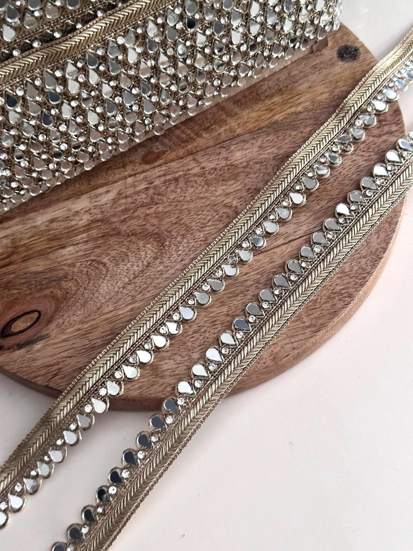 Gold Mirror Drop Border Trim Teardrop Mirror Lace with Crystal Stones Indian Embroidery Trim for Saree Lehenga Dupatta DIY Belts & Potli Bag