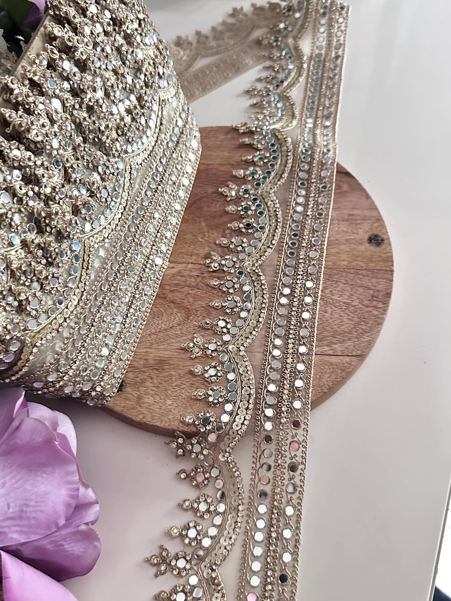 Luxury Mirror Work Gold Trim for Bridal Gown Lehenga Saree Dupatta Sequin Embroidered Indian Lace Border for Wedding Dress Blouse DIY Craft