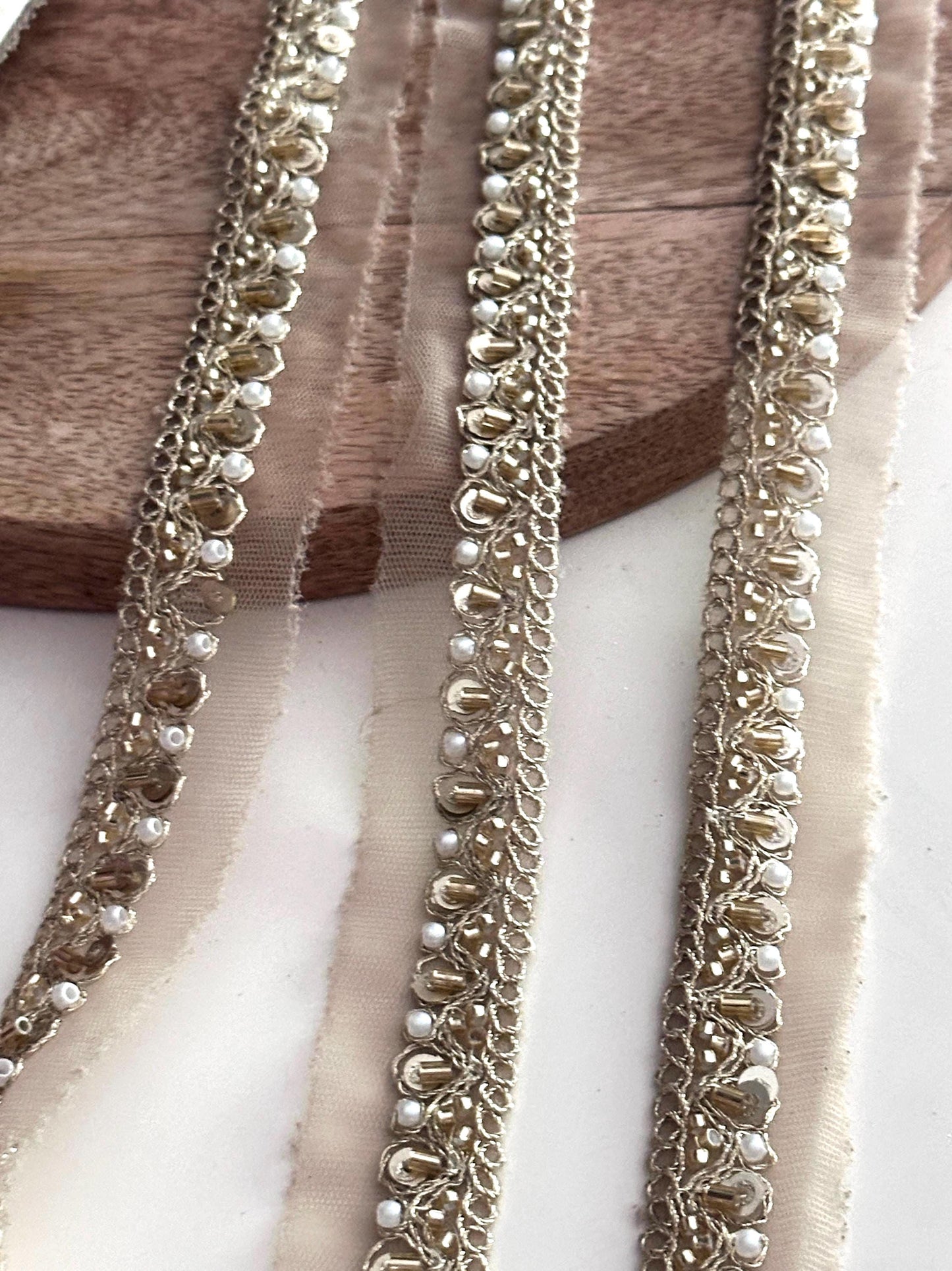 Luxury 9Yard Beaded Lace Trim Pearl & Glass Bead Cutdana Embroidery for Costume Lehengas Veil Craft Project Decor Edging Ribbon
