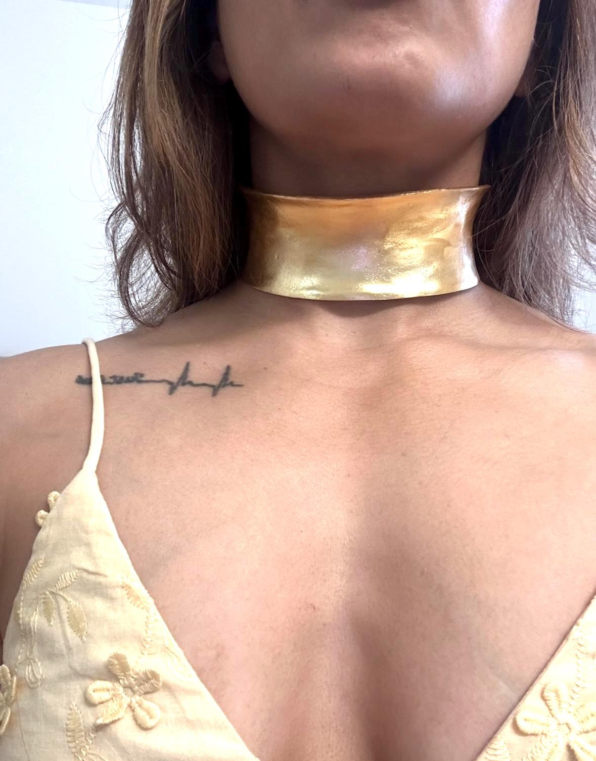 Bold Gold Metal Choker Necklace Adjustable Statement Wide Collar High Shine Brass Choker Power Jewelry for Women Afro-Futurist Neckpiec