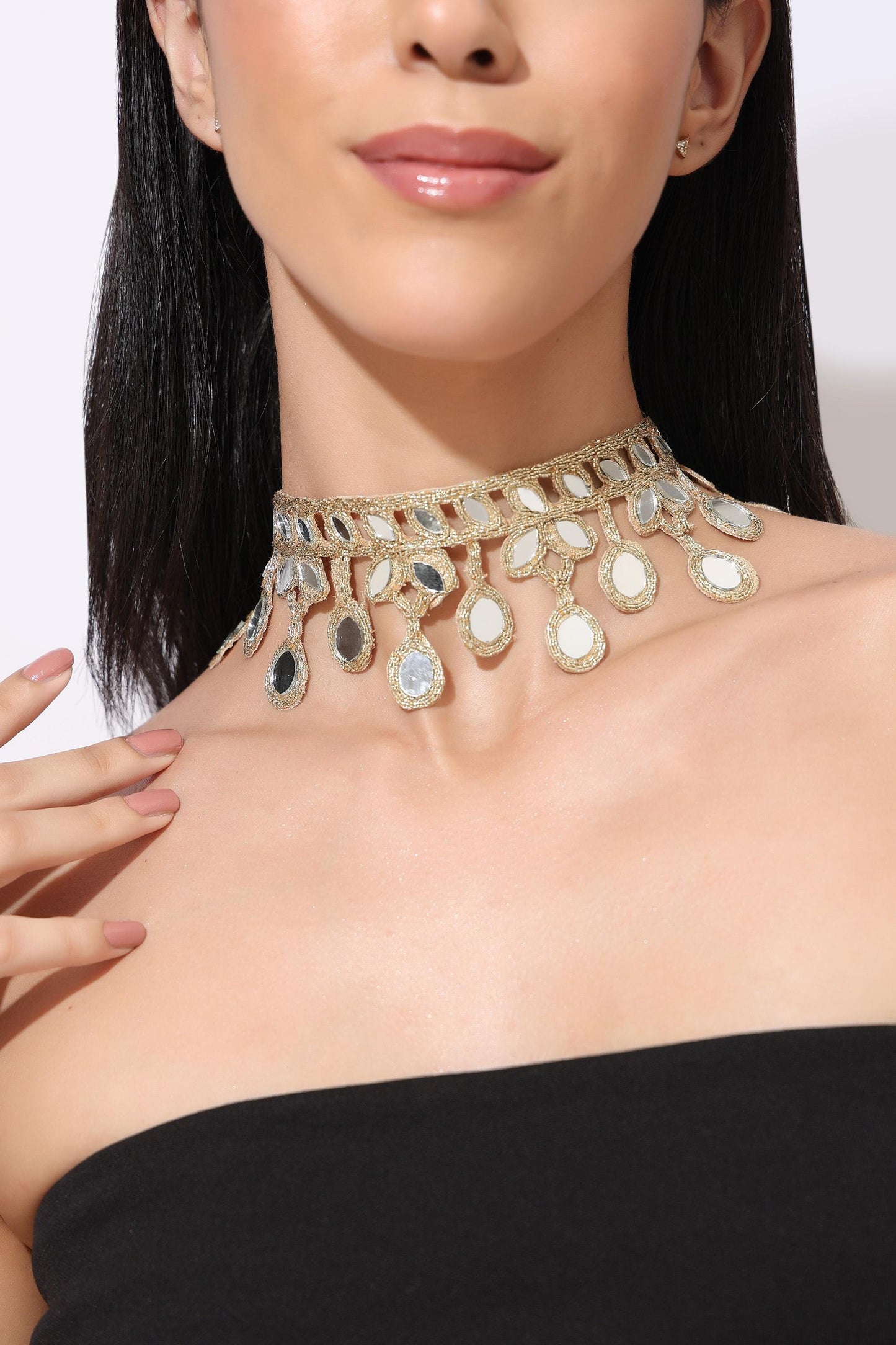 Boho Mirror Choker Necklace Belt Combo Handmade Statement Festival Jewelry Ethnic Fusion Collar for Wedding Dance Party Music Festival Looks