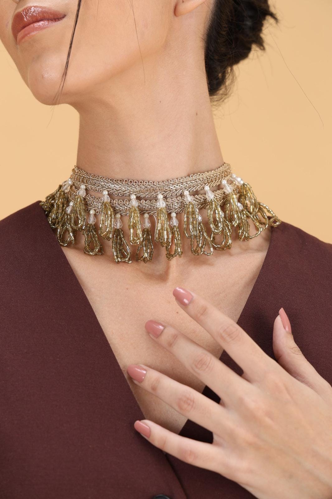 Light Gold Embroidered Golden Beaded Choker Necklace Handmade Indian Boho Statement Neckpiece Festival & Wedding Jewellery White pearl