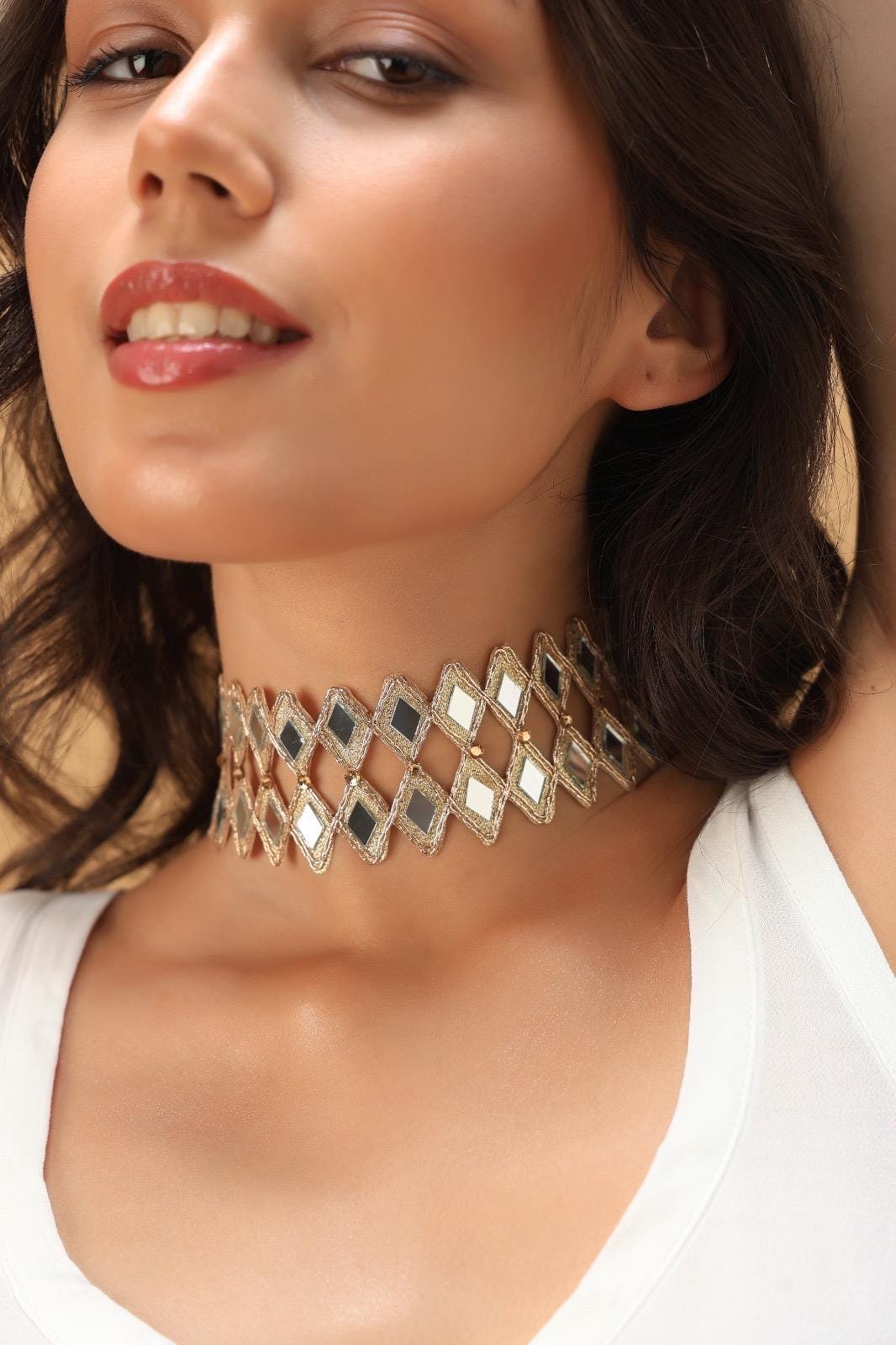 Gold Diamond Choker Jewelry Mirror Crystal Statement Collar Handcrafted Necklace Gift For Her