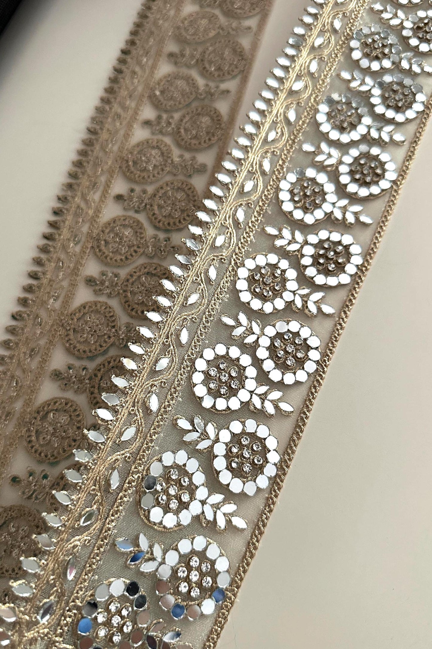 Mirror Work Embroidered Lace Trim Gold Zari Floral Border Ribbon for Saree Dress Costume Wedding Veil Decor Indian Craft Trim by the Yard