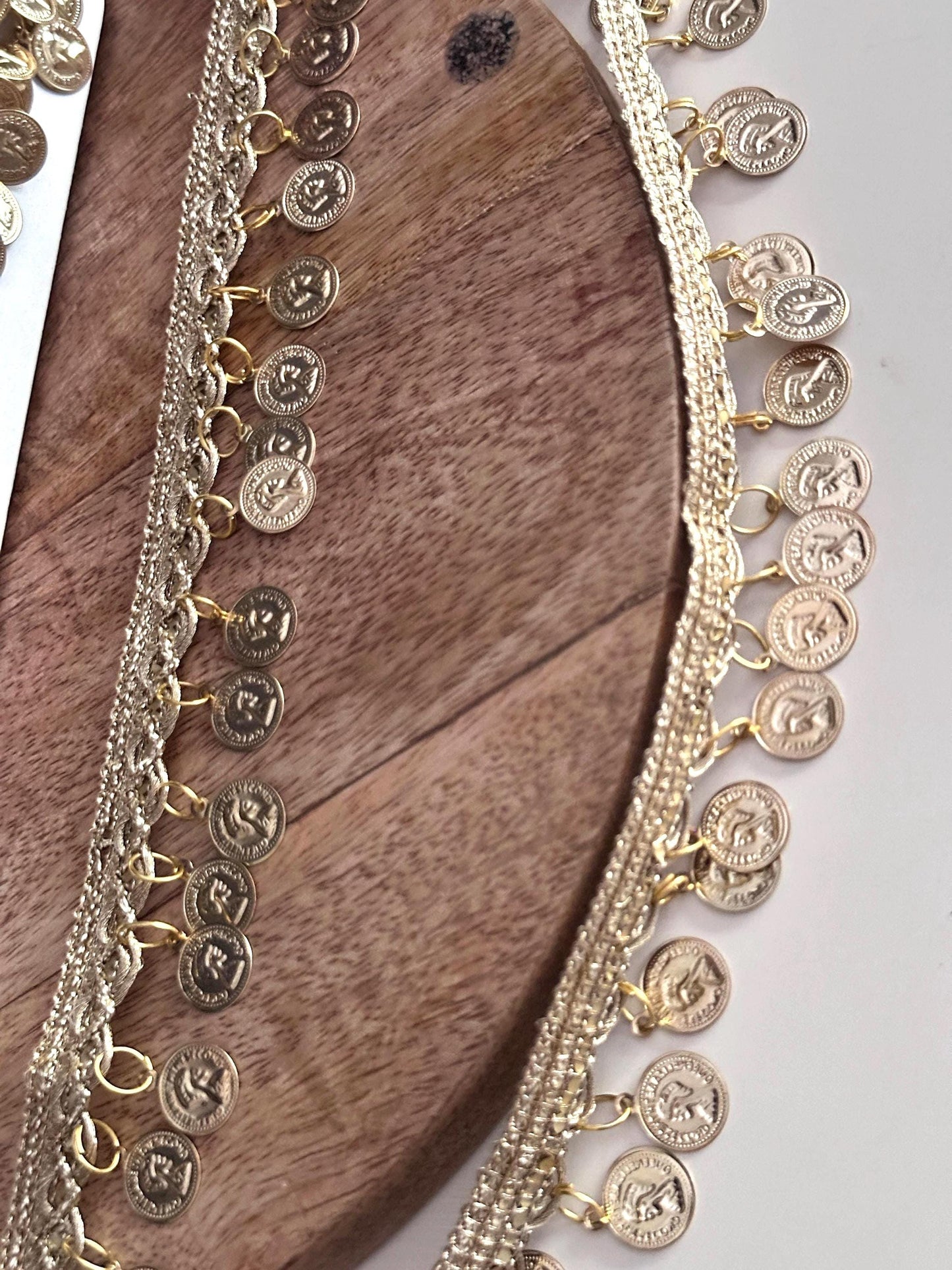 Gold Metal Coin Trim Lace for Belly Dance Boho Waist Belt Festival Skirt Potli Bag Choker Headband DIY Crafting Tribal Jewelry Costume Decor