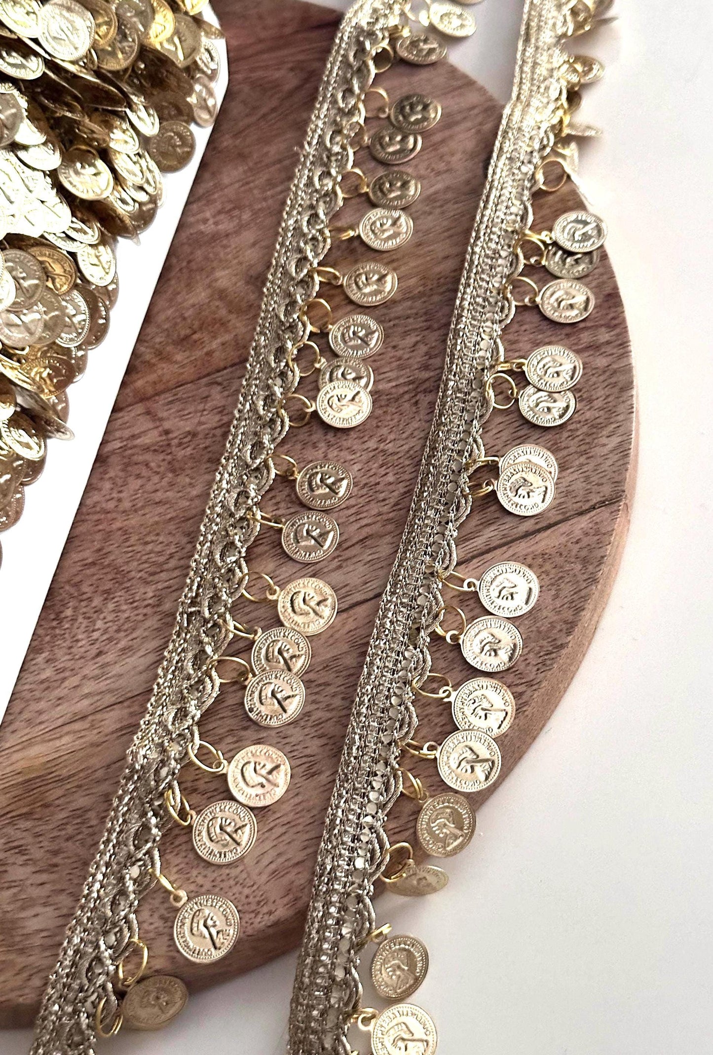 Gold Metal Coin Trim Lace for Belly Dance Boho Waist Belt Festival Skirt Potli Bag Choker Headband DIY Crafting Tribal Jewelry Costume Decor