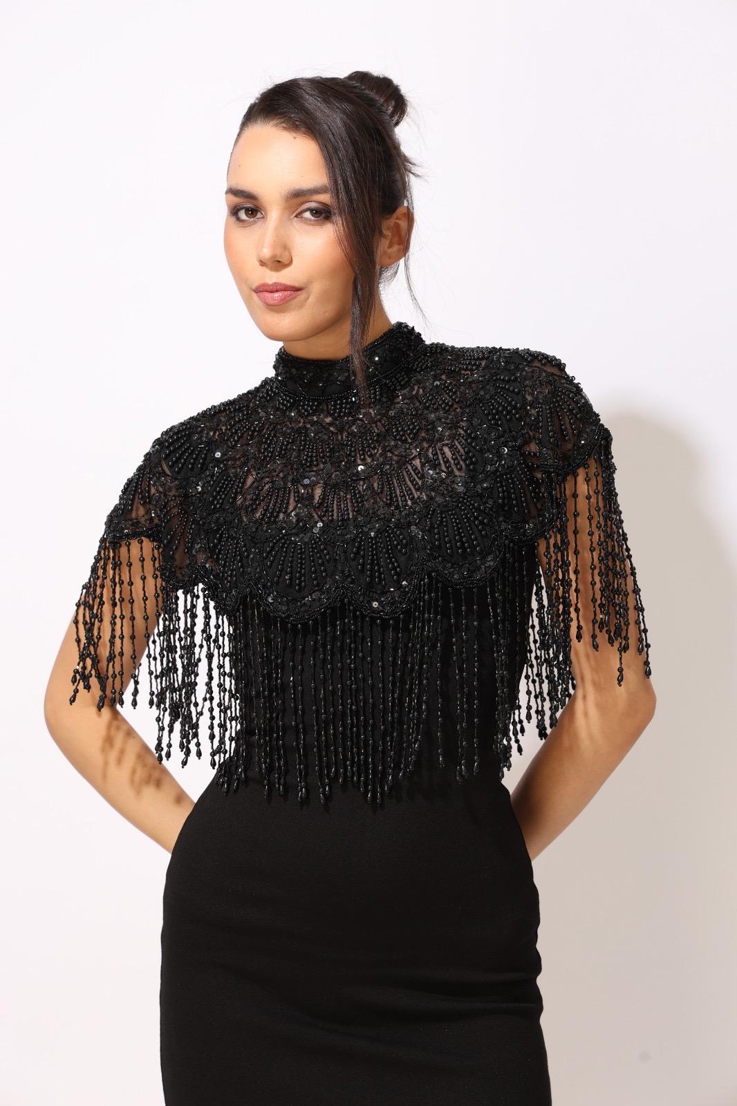 Black Embroidered Beaded Cape Handmade Pearl Fringe Capelet Gothic Bridal Cover Up Statement Shoulder Accessory Evening Dress Cape