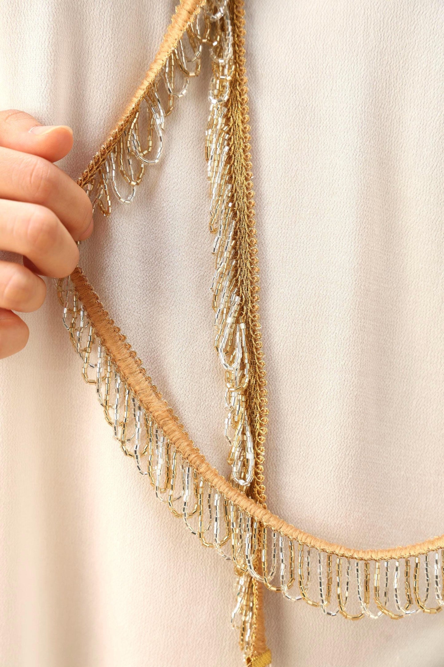 Gold Beaded Neck Tie Lace Statement Jewelry Scarf Necklace Boho Glam Layered Choker Accessory Bold Jewelry