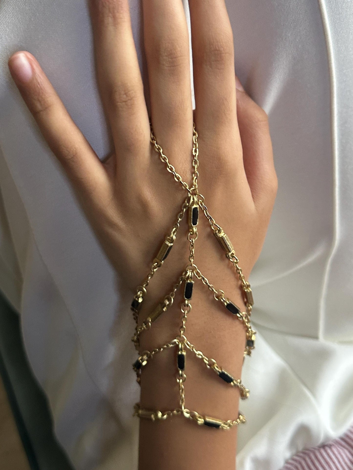 Gold Chain Foot Harness & Hand Harness Jewelry Boho Barefoot Sandal with Black Enamel Accent Festival Beach Wedding Belly Dance Accessories