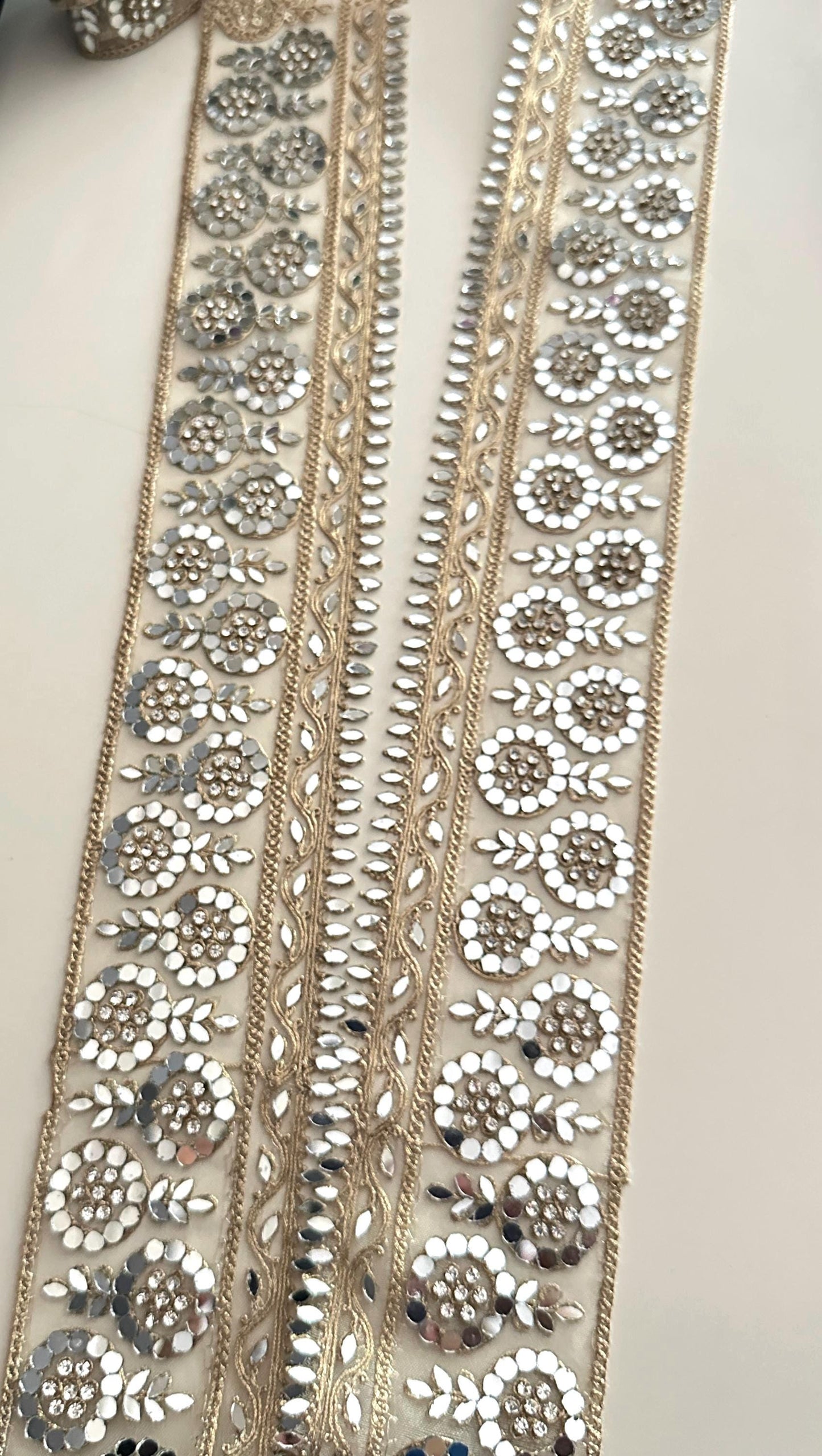 Mirror Work Embroidered Lace Trim Gold Zari Floral Border Ribbon for Saree Dress Costume Wedding Veil Decor Indian Craft Trim by the Yard