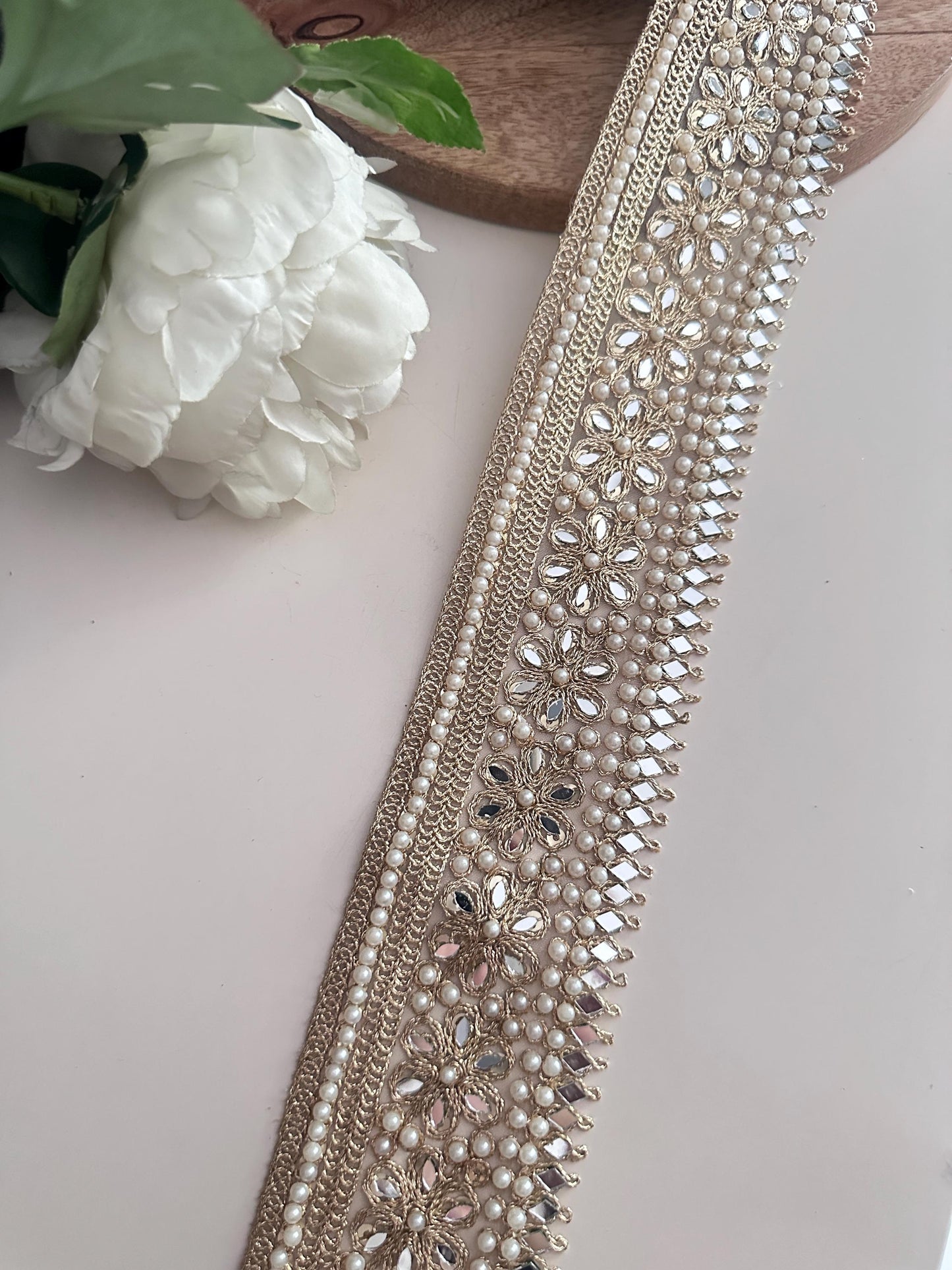 Gold Floral Pearl Trim with Mirror Work Beaded Embellished Lace Saree Border Decorative Ribbon for Saree Sewing Costumes Bridal & DIY Craft