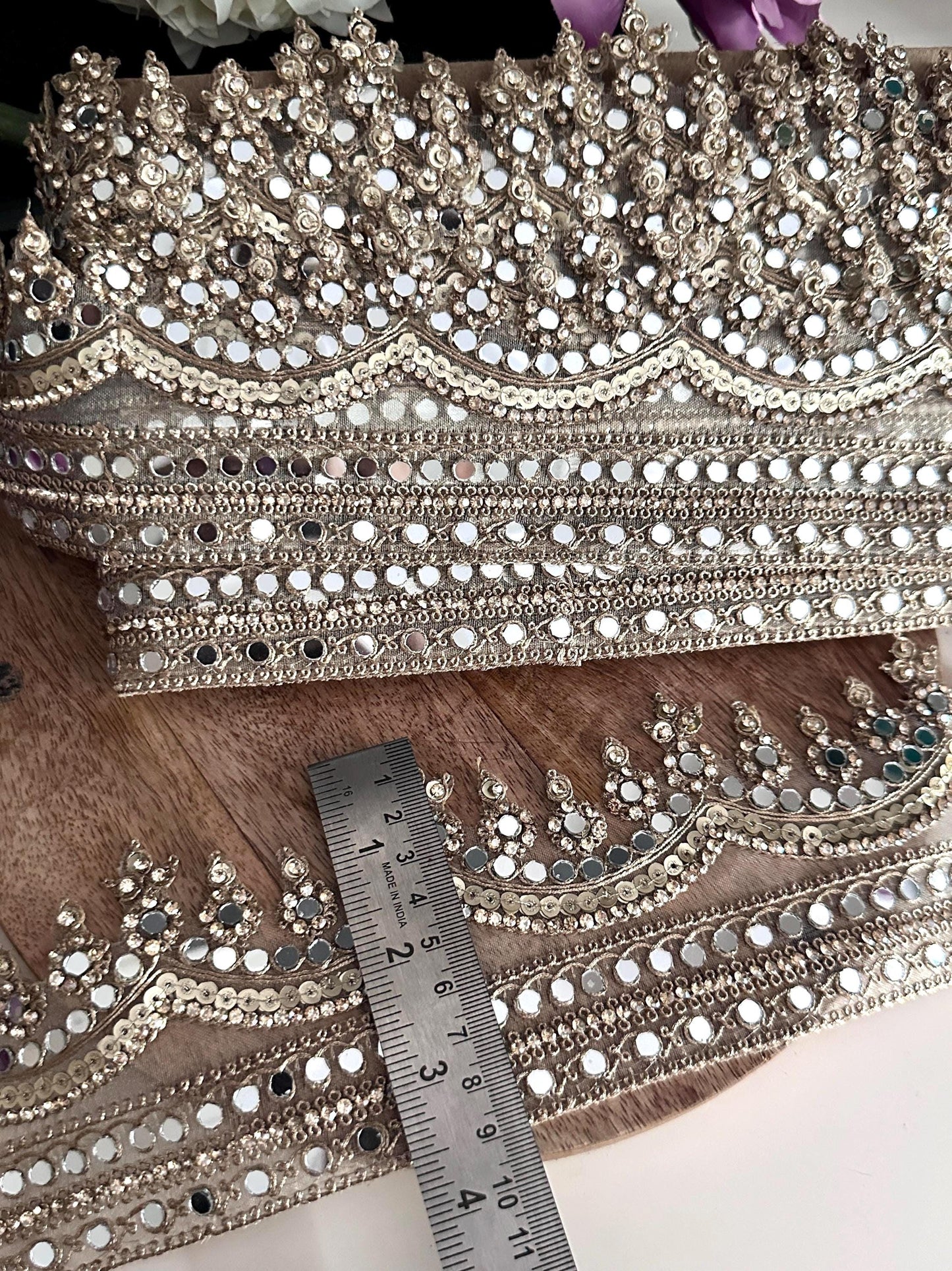 Luxury Mirror Work Gold Trim for Bridal Gown Lehenga Saree Dupatta Sequin Embroidered Indian Lace Border for Wedding Dress Blouse DIY Craft