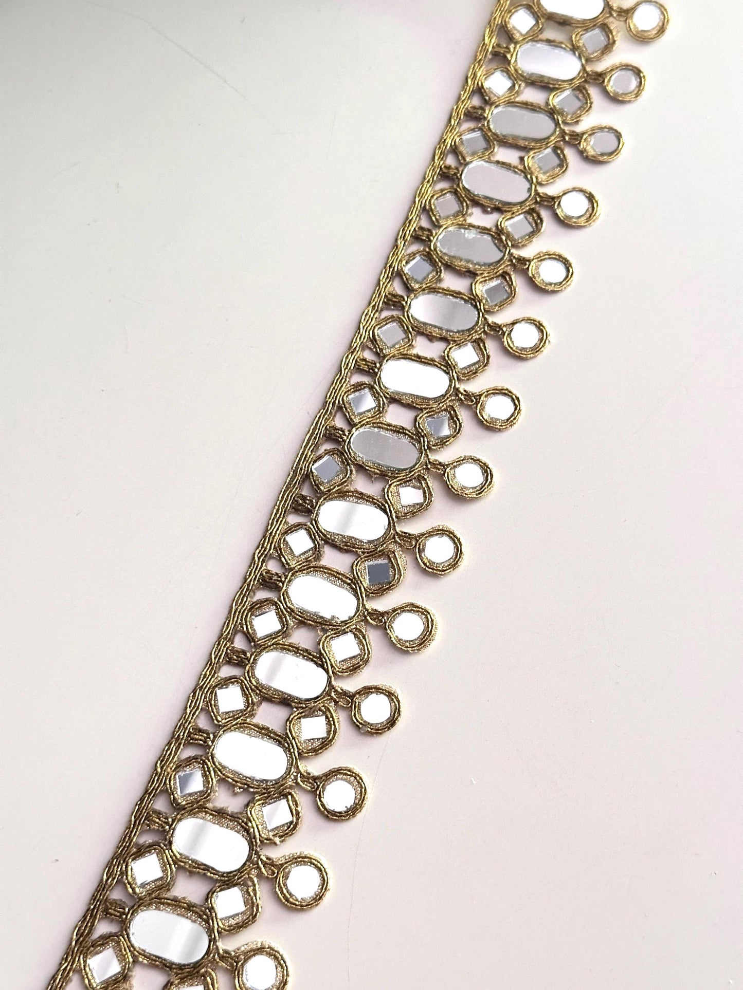 Gold Oval Mirror Lace Trim for Waist Belt Dupatta Costume Design Handcrafted Indian Saree Border Ribbon for DIY Bridal Festival Wear Jewelry