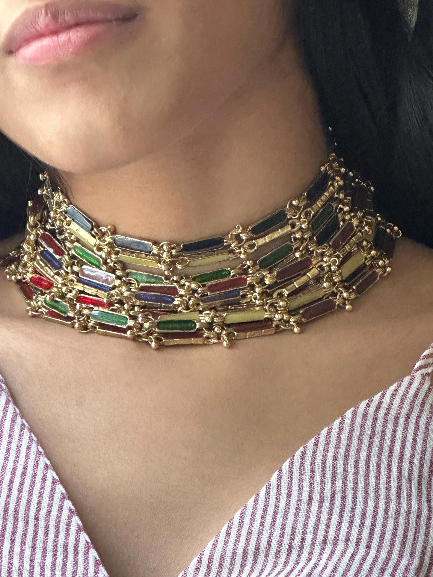 Handmade Multicolor Enamel Choker Necklace Gold Statement Collar Boho Festival Jewelry Colorful Bridal Choker Ethnic Wedding Necklace Gift