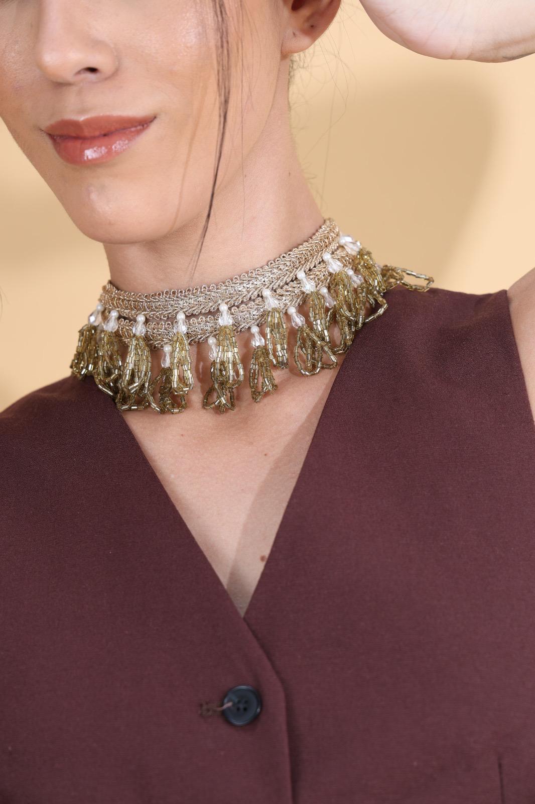 Light Gold Embroidered Golden Beaded Choker Necklace Handmade Indian Boho Statement Neckpiece Festival & Wedding Jewellery White pearl