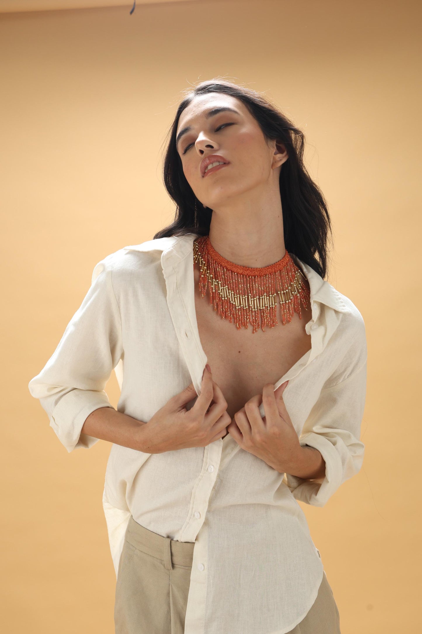Orange Crystal Tassel Choker – Handmade Boho Statement Necklace – Jhalar Lace Jewelry for Festival & Evening Wear