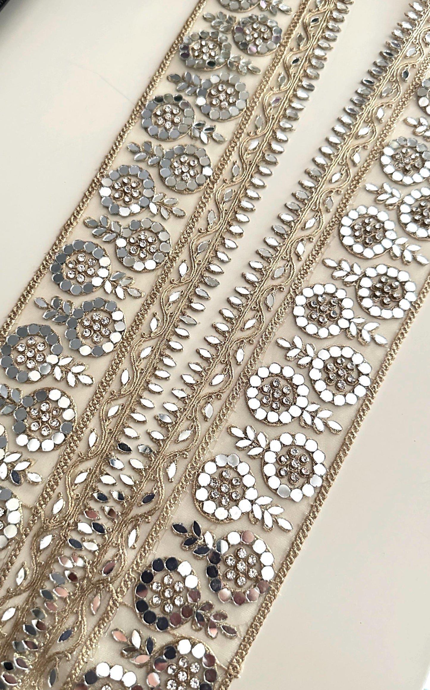 Mirror Work Embroidered Lace Trim Gold Zari Floral Border Ribbon for Saree Dress Costume Wedding Veil Decor Indian Craft Trim by the Yard