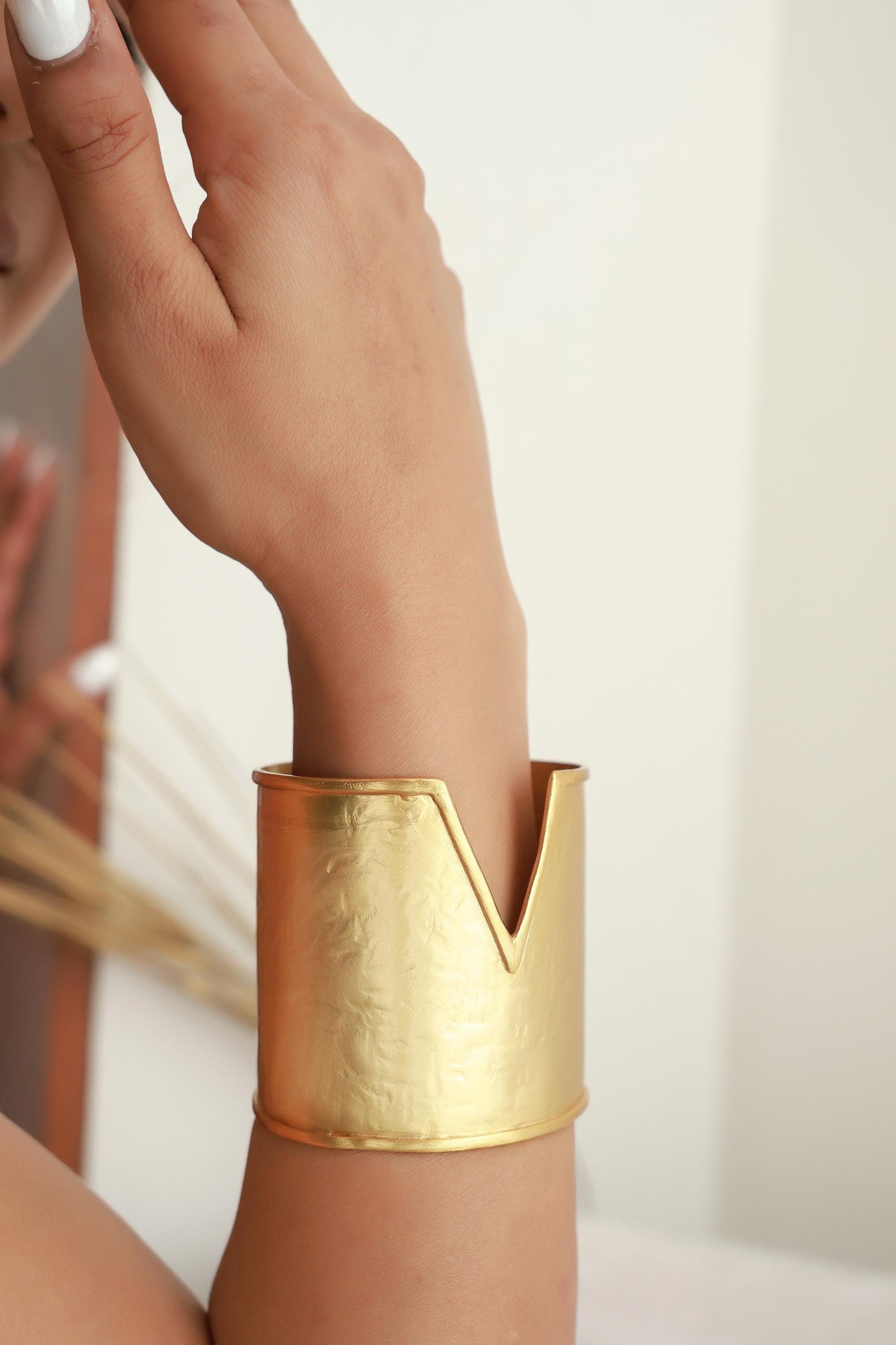 V Cut Gold Cuff Bracelet 24K Gold Plated Brass Statement Jewelry Adjustable Wide Arm Cuff Modern Bold Handmade Bracelet For Women