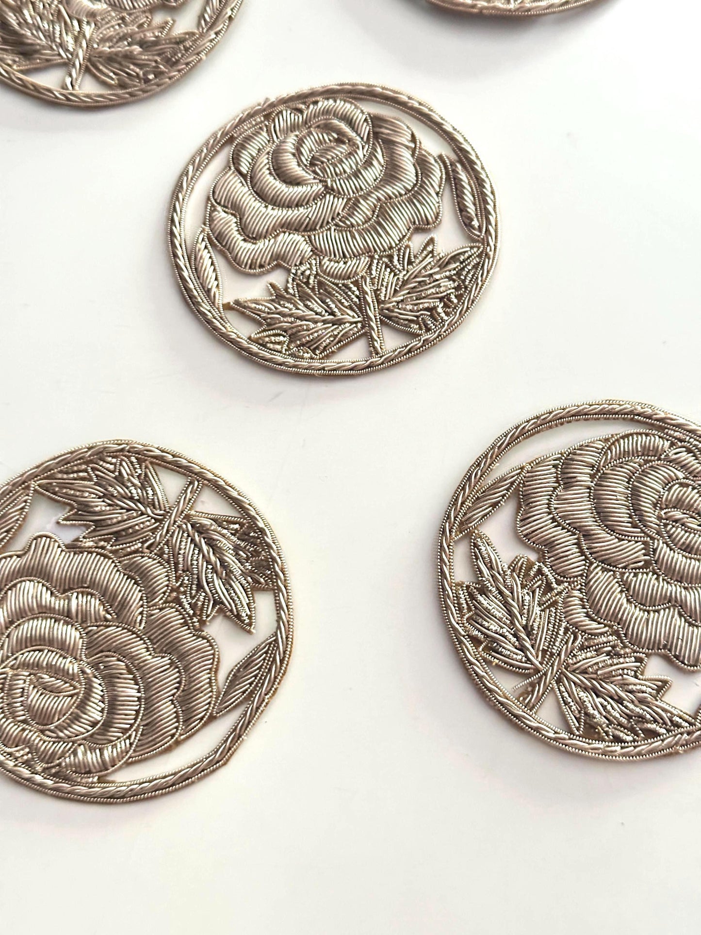 Handmade Floral Embroidery Patch Couture Gold Wire Flower Applique Indian Handicraft Rose Motif Embroidery for Jackets Dress Saree DIY Craft