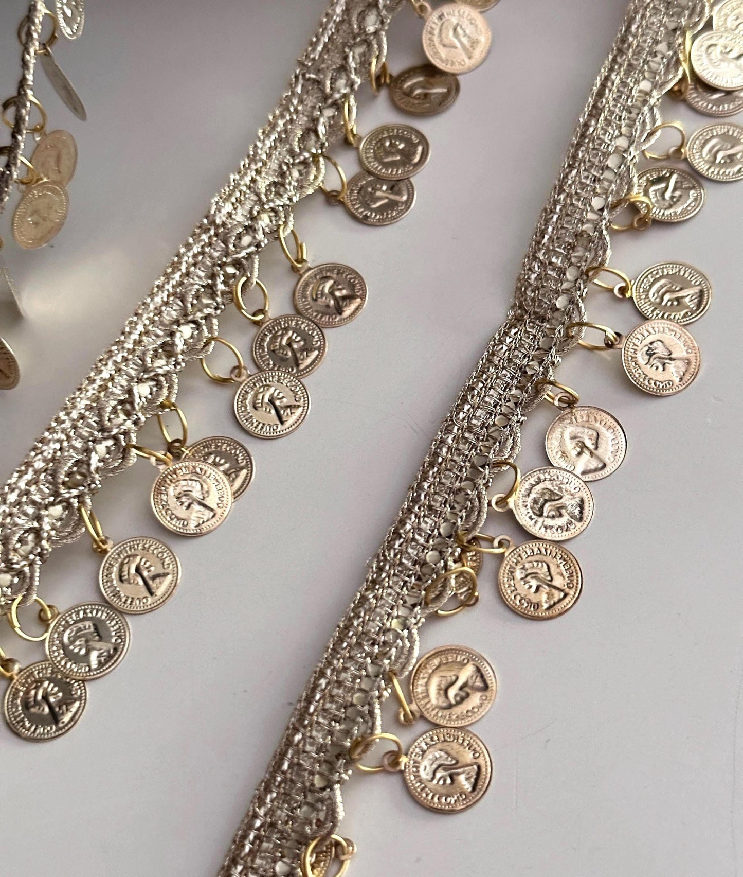 Gold Metal Coin Trim Lace for Belly Dance Boho Waist Belt Festival Skirt Potli Bag Choker Headband DIY Crafting Tribal Jewelry Costume Decor