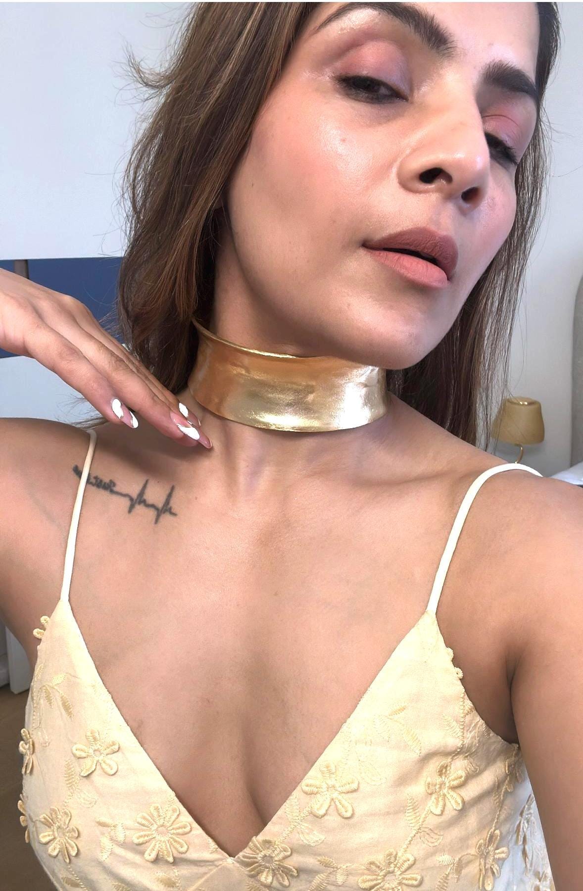 Bold Gold Metal Choker Necklace Adjustable Statement Wide Collar High Shine Brass Choker Power Jewelry for Women Afro-Futurist Neckpiec