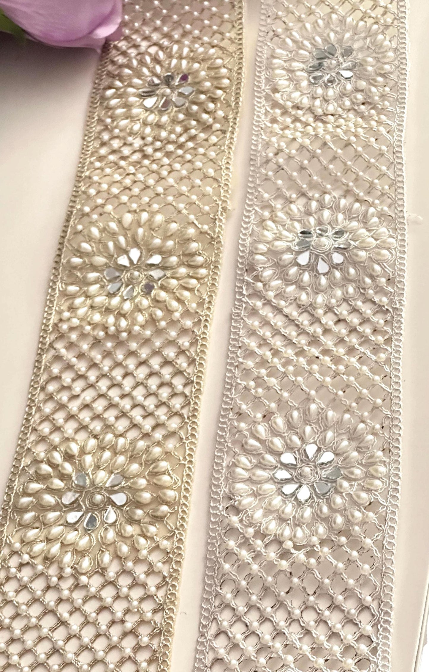 Hand Embroidered Pearl Beaded Trim Bridal Saree Border Lace Wedding Dress Applique Pearl Mesh Lace for Gowns Lehenga Veil Crafting Lace