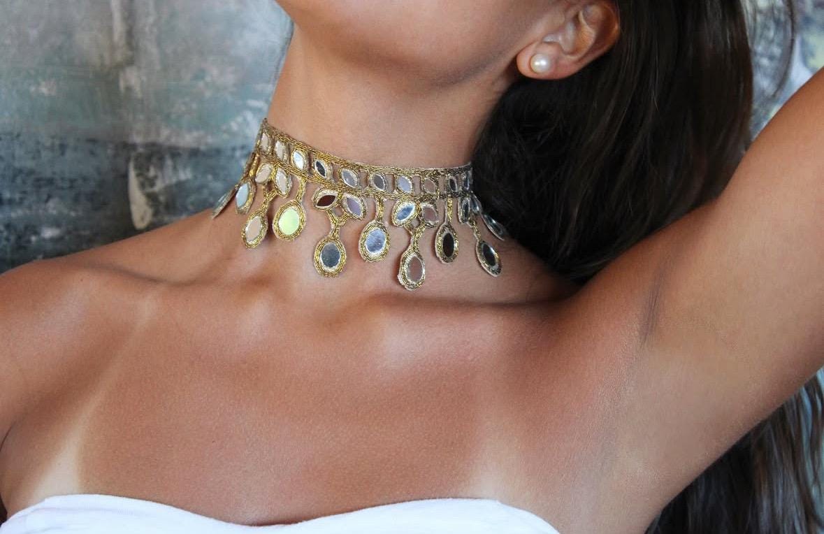 Boho Mirror Choker Necklace Belt Combo Handmade Statement Festival Jewelry Ethnic Fusion Collar for Wedding Dance Party Music Festival Looks