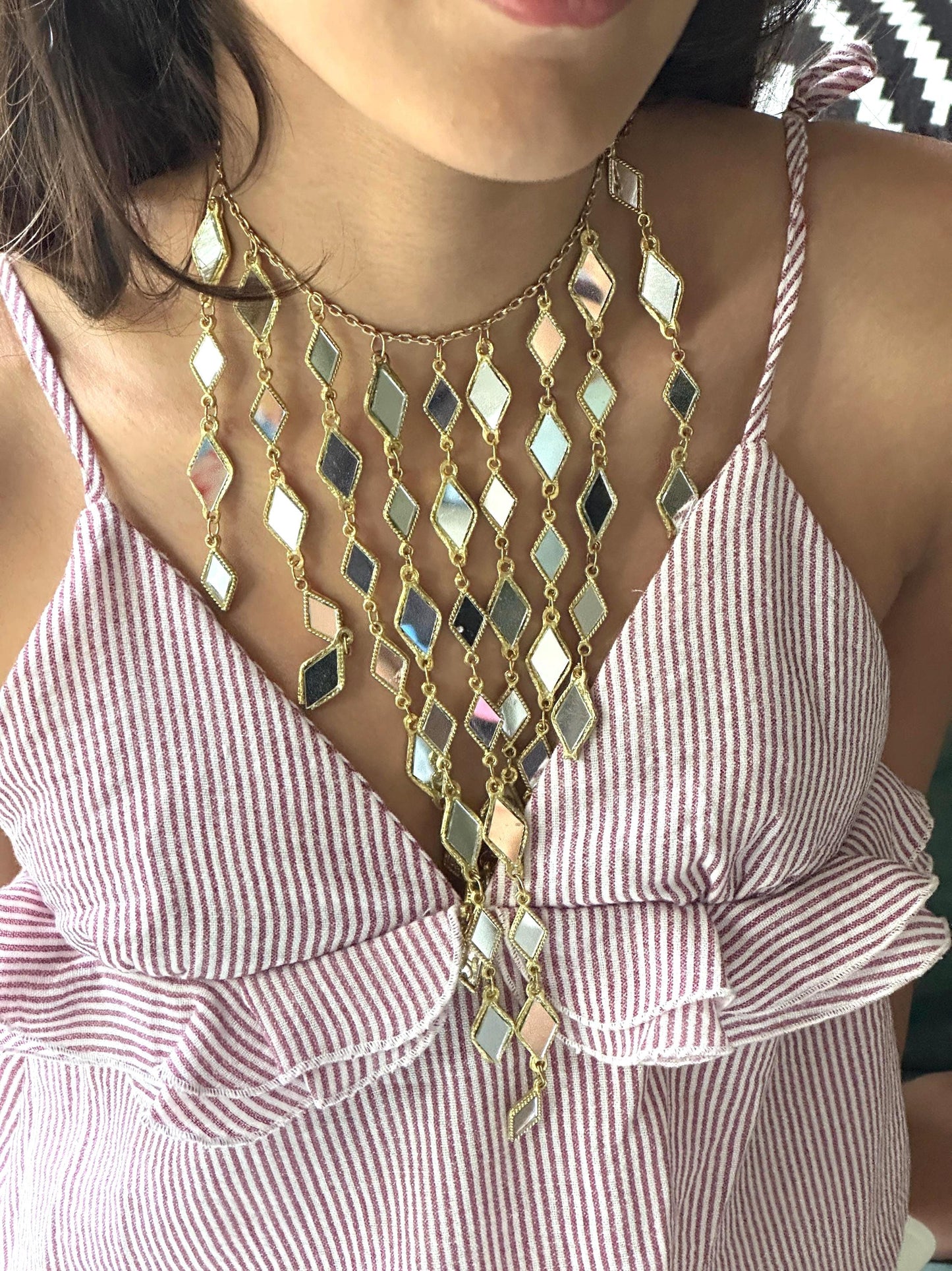 Gold Mirror Cascade Statement Necklace Long Layered Diamond Mirror Choker Boho Festival Jewelry Handmade Indian Bridal Wedding jewellery