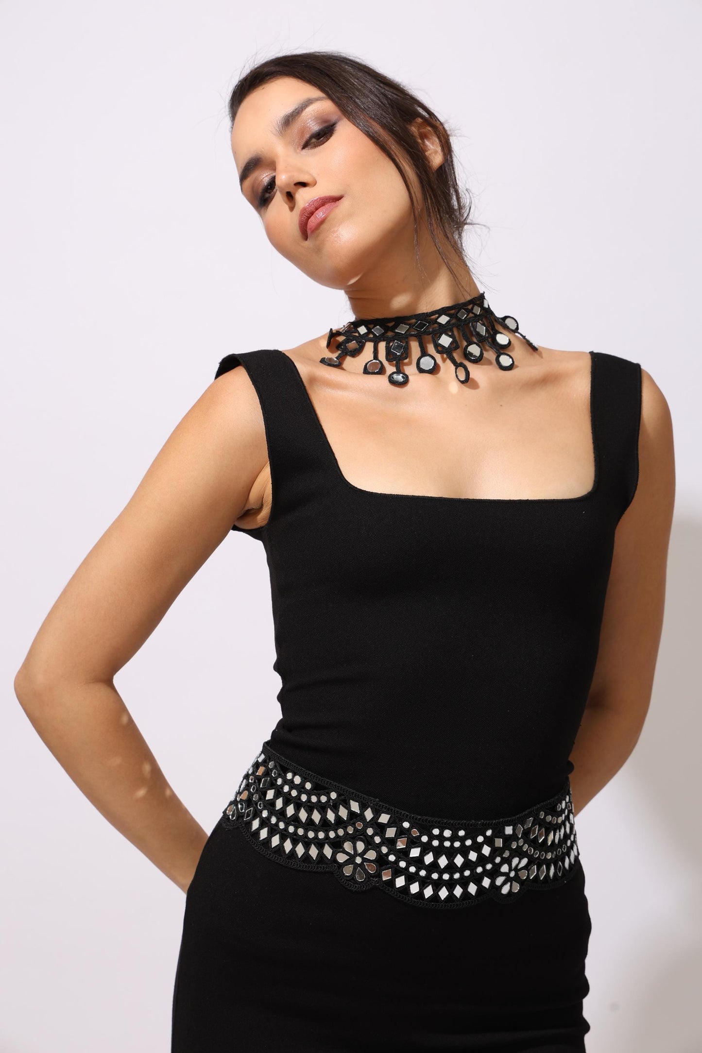 Black Mirror Crystal Waist Belt – Festive Saree, Dress & Jumpsuit Accessory – Statement Wedding Jewelry