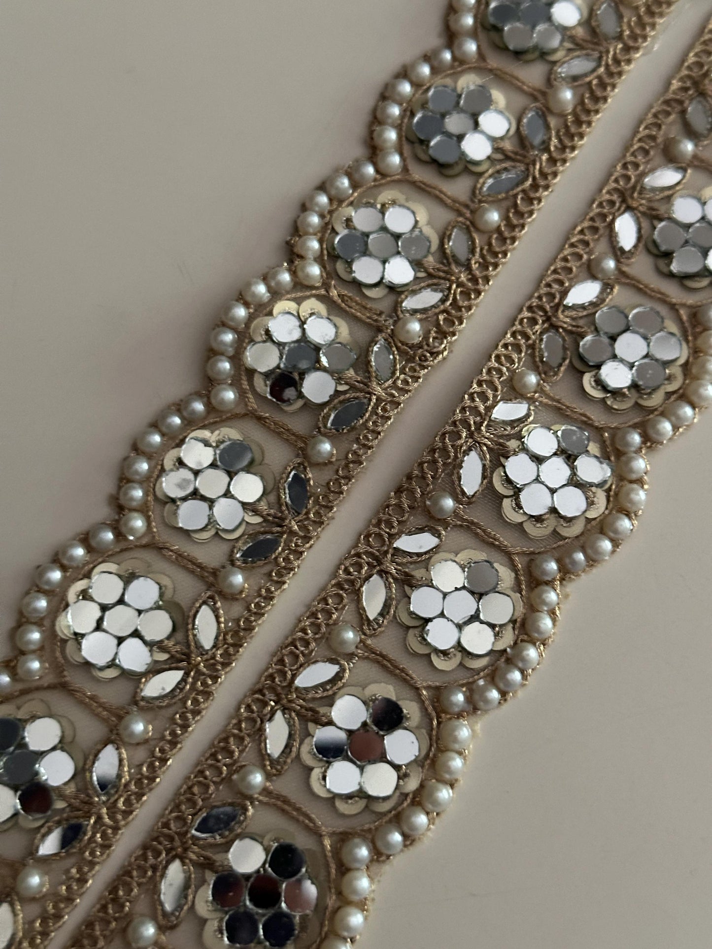 Mirror Work Floral Lace Trim with Pearls Traditional Scalloped Gold Embroidered Border Wedding Dress Design For Saree Veil Decor DIY Craft