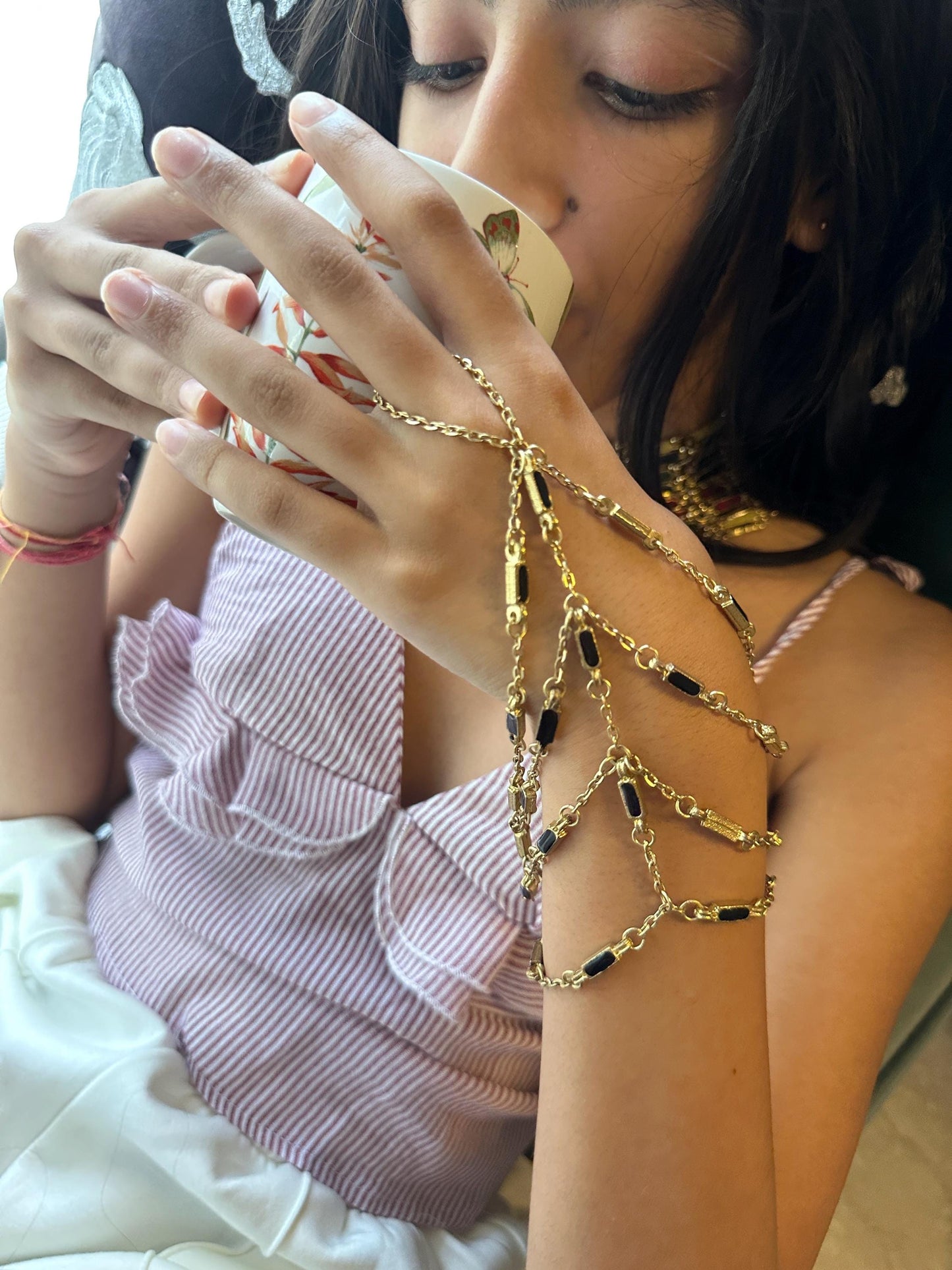 Gold Chain Foot Harness & Hand Harness Jewelry Boho Barefoot Sandal with Black Enamel Accent Festival Beach Wedding Belly Dance Accessories
