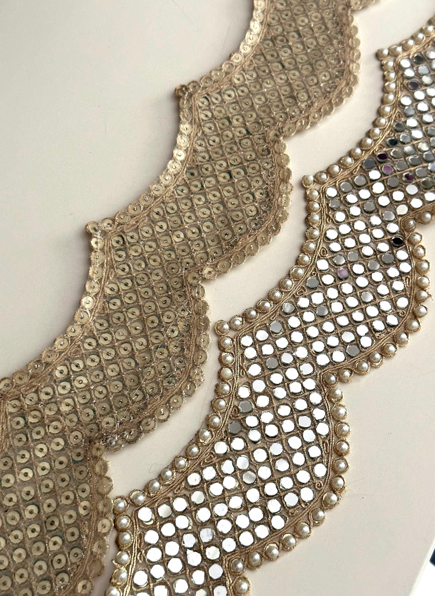 Indian Wedding Decor Lace Trim Mirror Crystal Scalloped Embroidered Border for Backdrops Lehnga Veil Bridal Styling Designers 6cm Zari Trim