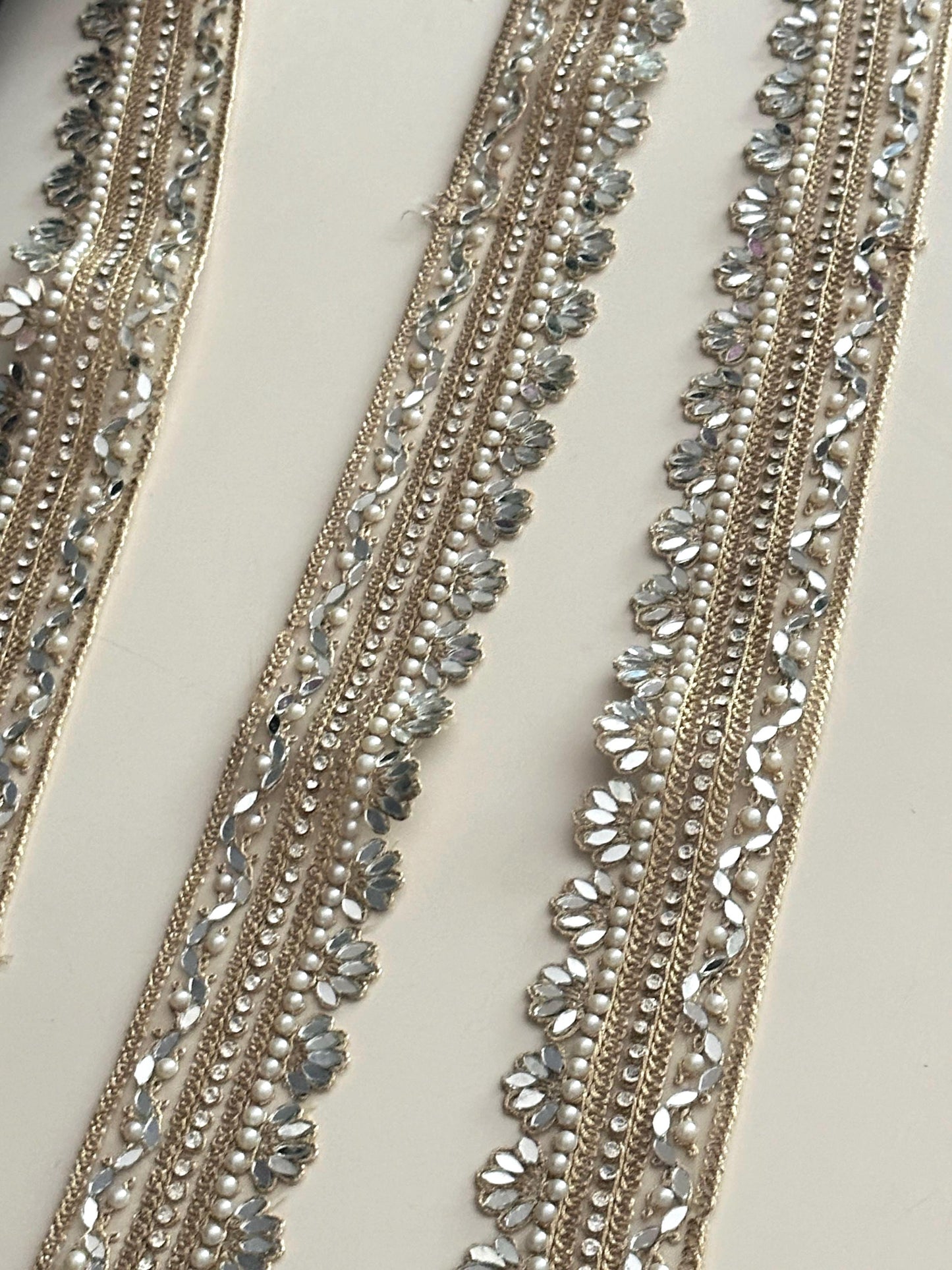 Floral Mirror Pearl Lace Trim Zircon Rhinestone Thin Embroidered Gold Border for Jewelry Costume Veils & Blouses 1 Inch Craft Ribbon India