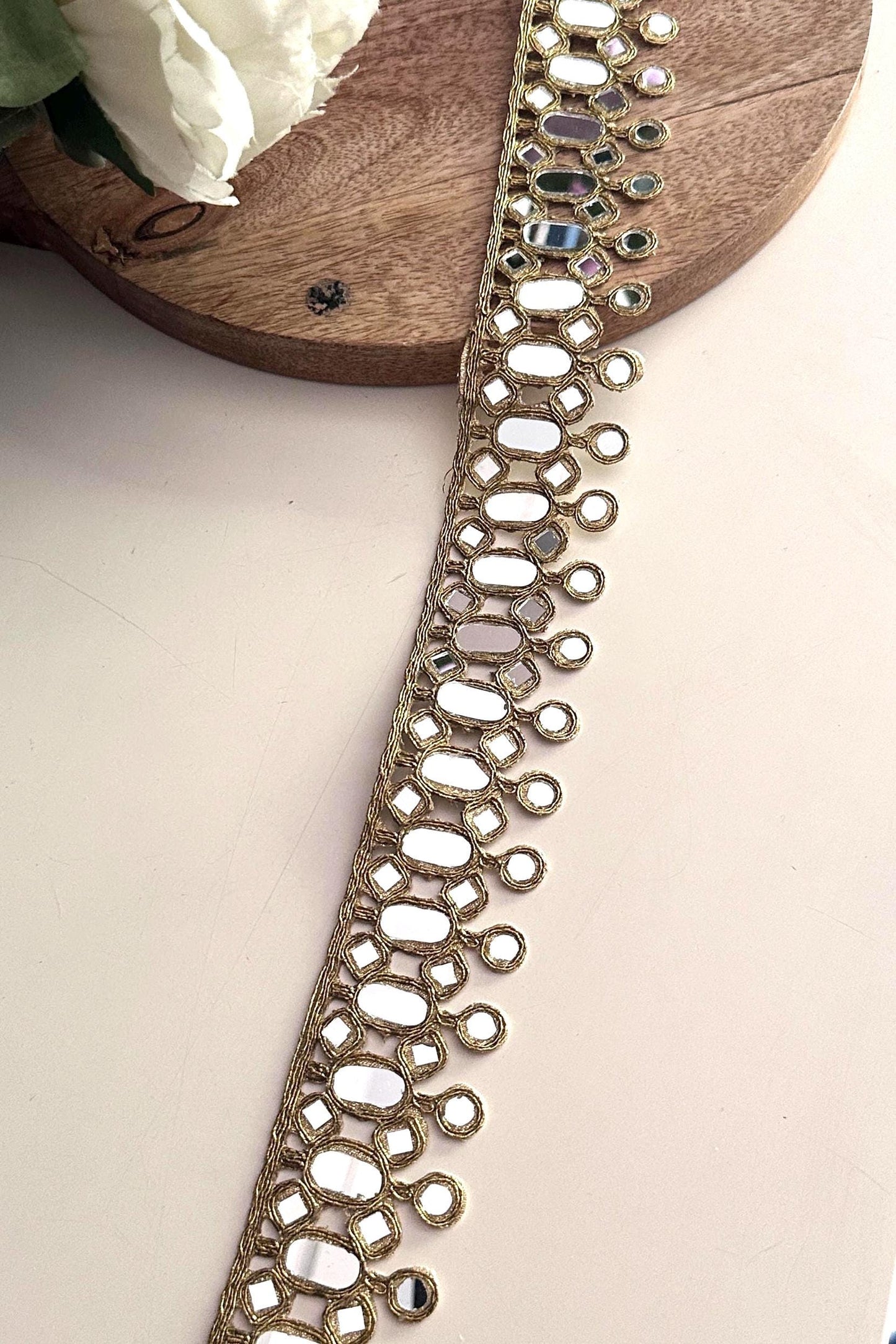 Gold Oval Mirror Lace Trim for Waist Belt Dupatta Costume Design Handcrafted Indian Saree Border Ribbon for DIY Bridal Festival Wear Jewelry