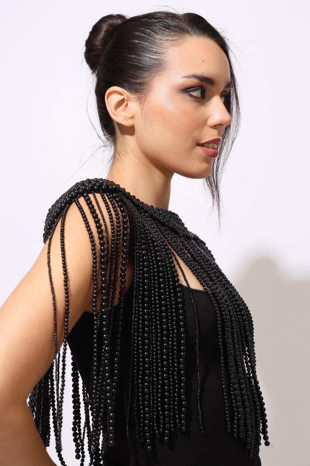 Beaded Shoulder Cape, Black Bridal Cover Up, Handmade Shoulder Jewelry, Fringe Capelet for Dresses, Statement Beaded Epaulettes Formal Gown