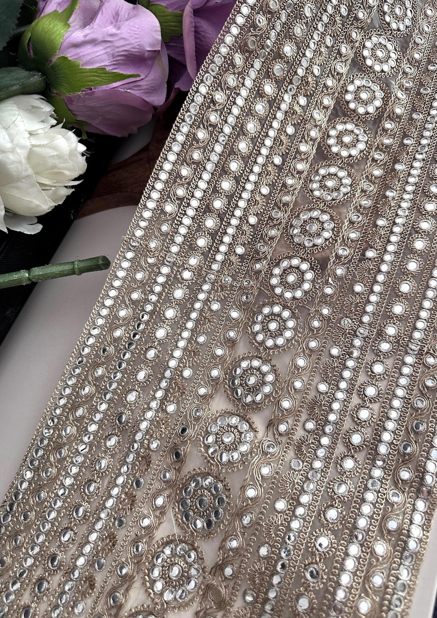 Gold Embroidered Fabric with Mirror Bead Work Indian Bridal Lace Trim for Saree Lehenga Dupatta Dress Zari Border Embellishment by Yard